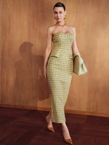MOTF PREMIUM WOMEN'S AUTUMN/WINTER PLAID FABRIC STRUCTURAL DESIGN STRAPLESS ELEGANT LONG DRESS - Mustard Yellow - View 4