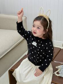 DAZY Baby Girl Polka Dot Pattern Long Sleeve Single-Breasted Knit Cardigan - Black - View 3