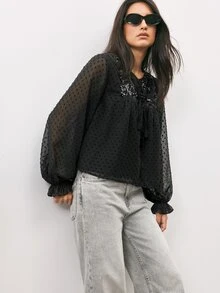 Maija Women's Patchwork Sequin Front Tie Polka Dot Mesh Fashion Blouse - Black - View 4
