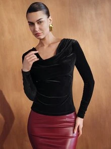 MOTF PREMIUM WOMEN'S SOLID COLOR COWL NECK CASUAL DAILY LONG SLEEVE SHIRT - Black - View 4