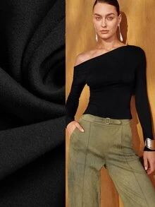 MOTF PREMIUM WOMEN'S OLIVE GREEN ASYMMETRICAL SHOULDER T-SHIRT TOP, ELEGANT COMMUTE STYLE, AUTUMN/WINTER - Black - View 1
