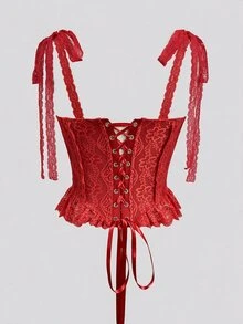 Glamine Charm 女款夏季性感復古蕾絲肩結露背綁帶背心 - 紅色 - 查看 4
