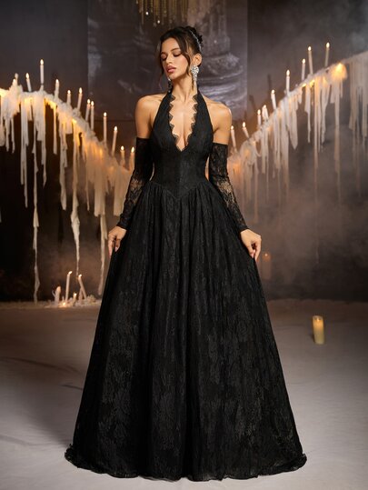 Glamrae Black Halter Deep V-Neck Lace A-Line Puff Long Dress, Backless Sleeveless Formal Evening Gown, Suitable For Prom, Evening Party, Wedding And Party