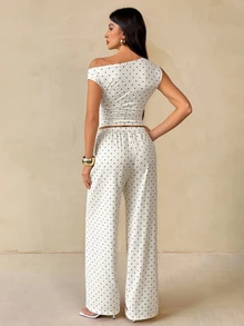 SHEIN Tall طقم نسائي طويل من قطعتين بلون بيج بنقاط بيضاء، ملابس علوية مكشوفة الكتفين وبنطال - لون مشمشي - مشاهدة 2