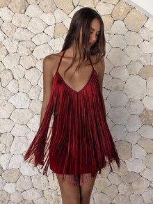 Aloruh Women's Spring/Summer Spaghetti Strap Deep V-Neck Tassel Decor Asymmetrical Hem Mini Dress - Burgundy - View 7