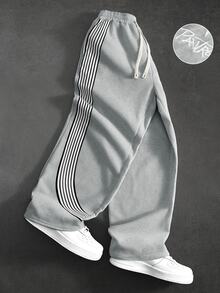 PAVTROS Men's Letter Embroidered Side Stripe Drawstring Waist Casual Sweatpants - Grey - View 5