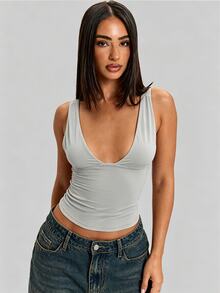 SHEIN BAE Solid Color V-Neck Fitted Women's Tank Top, Versatile All-Match Style, Wardrobe Essential, Suitable For Office, All-Season Wear, Brown Top, Casual Top - Light Grey - View 5