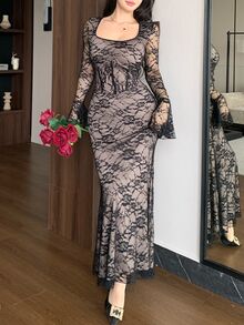 Modelyn French Square Neck Long Sleeve Sheer Lace Nude Lining Fitted Mermaid Dress - Black - View 7