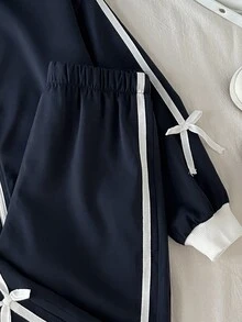 SHEIN 兒童青少年女孩休閒新款秋冬時尚海軍藍與白色條紋拼接長袖拉鍊夾克與長褲2件套，返校季，秋冬服飾，開襟夾克套裝 - 藏蓝色 - 查看 4