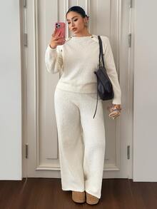Dazy Plus Plus Size Women Solid Color Long Sleeve Top And Pants Knit 2 Pieces Set - White - View 3