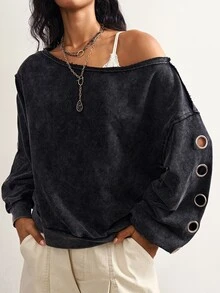 Bohemela Women's Fashion Streetwear Asymmetrical Shoulder Eyelet Sweatshirt - Black - View 1