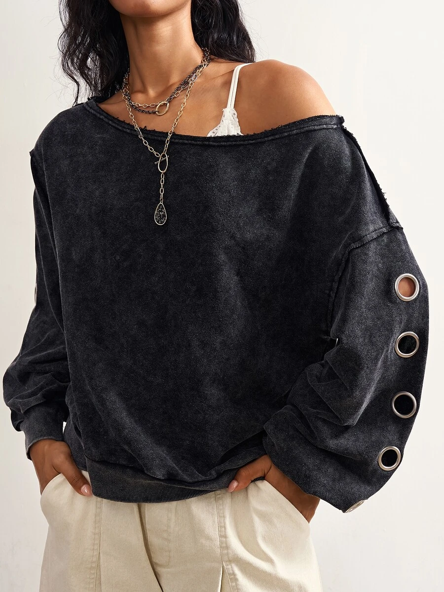Bohemela Women's Fashion Streetwear Asymmetrical Shoulder Eyelet Sweatshirt - Black - View 1