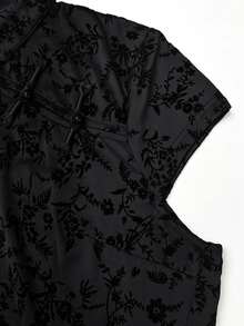 Sweetra CURVE Women's Black Stand Collar Asymmetrical Flocked Side Slit Chinese Style Top - Black - View 4