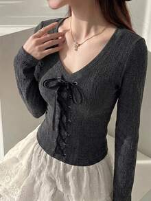 DAZY 春夏灰色對比色繫帶式婚禮時尚派對修身方領優雅音樂節長袖女款T恤 - 深灰色 - 查看 5