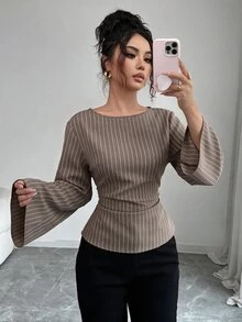 Siren Gaze 女款優雅條紋船領喇叭袖荷葉邊上衣，秋季辦公通勤時尚修身襯衫，商務休閒通勤上衣 - 卡其色 - 查看 6