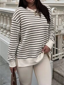 Easura Plus Size Women's Autumn/Winter Striped Fabric Color-Block Sweatshirt Set, Loose Top And Fitted Bottom, Casual Daily Commute Fall - Multicolor - View 3