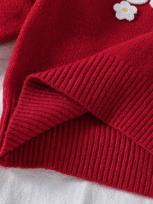SHEIN Young Girl Solid Color Kids Knit Round Neck Puff Sleeve 3D Embroidered Beaded Loose Casual Autumn Winter Sweater - Red - View 6