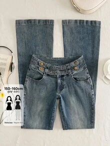 Jeanoix Petite Y2K Women's Petite Streetwear Retro Mid-Blue Denim Flare Jeans, All Season - Dark Wash - View 1