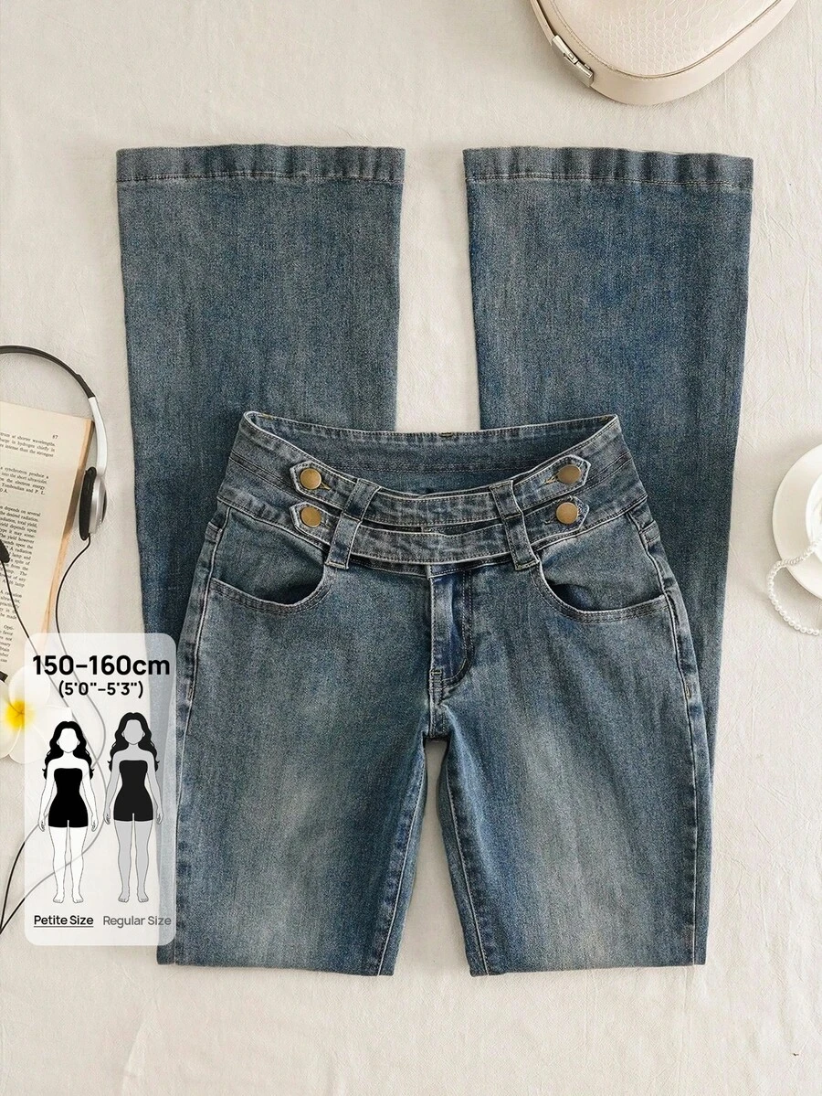 Jeanoix Petite Y2K Women's Petite Streetwear Retro Mid-Blue Denim Flare Jeans, All Season - Dark Wash - View 1
