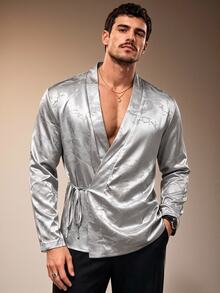 ZURIURI Men's New Chinese Style Elegant 80s Sexy Loose Draped Long Sleeve Shirt Rave Soiree Silver Fall - Multicolor - View 1