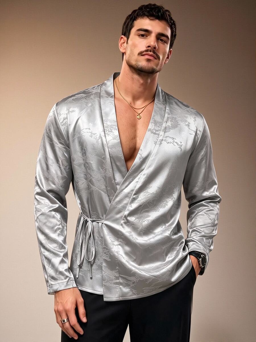 ZURIURI Men's New Chinese Style Elegant 80s Sexy Loose Draped Long Sleeve Shirt Rave Soiree Silver Fall - Multicolor - View 1