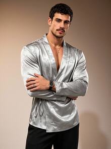 ZURIURI Men's New Chinese Style Elegant 80s Sexy Loose Draped Long Sleeve Shirt Rave Soiree Silver Fall - Multicolor - View 3