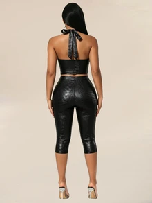 Sirith Women's Sexy Halter Tie Tank Top And PU Material 7/10 Length Leggings 2 Pieces Set - Black - View 2