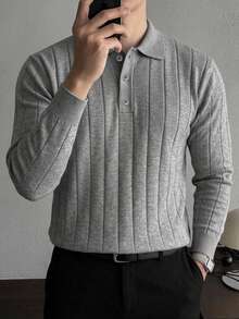 DAZY Men's Grey Polo Collar Ribbed Sweater, Autumn/Winter - Grey - View 1