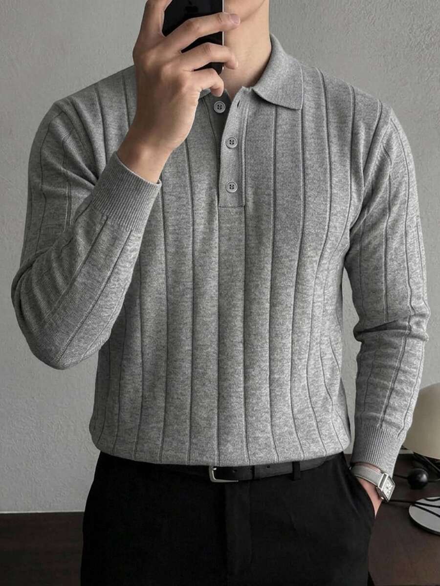 DAZY Men's Grey Polo Collar Ribbed Sweater, Autumn/Winter - Grey - View 1