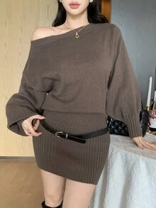DAZY Women's Solid Color One Shoulder Long Sleeve Fitted Fashion Knit Dress - Brown - View 3