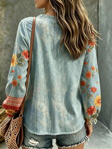 Glimmora Women's Floral Print Frill Trim Front Tie Long Sleeve Casual T-Shirt - Multicolor - View 2