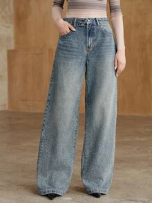 Anewsta Women's Casual Straight Leg Denim Jeans With Pockets And Buttons For Daily Wear - Blue - View 4