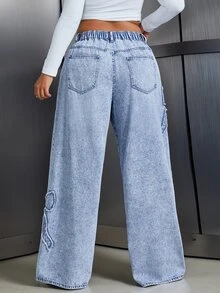 Sunspun Women's Casual Loose Straight Leg Patchwork Bow Embroidery Heavy Wash Denim Jeans - Light Wash - View 2