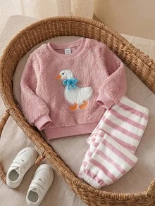 SHEIN 女嬰卡通鴨圖案人造毛厚款圓領長袖套頭運動衫與鬆緊腰收口長褲2件套，舒適百搭時尚日常可愛休閒簡約百搭風 - 彩色 - 查看 2