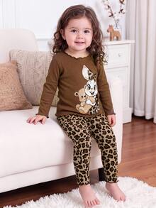 SHEIN Infant Toddler Cute Casual Knit Cartoon Pattern Leopard Print Long Sleeve Loungewear Set - Brown - View 1