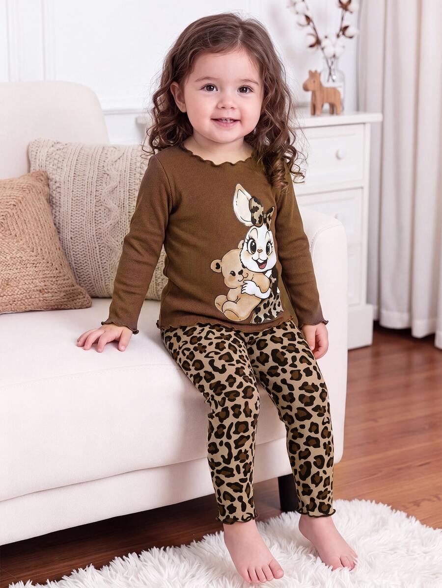SHEIN Infant Toddler Cute Casual Knit Cartoon Pattern Leopard Print Long Sleeve Loungewear Set - Brown - View 1