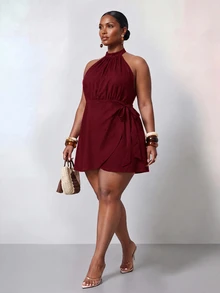 Veslaya Plus Size Women Solid Color Side Knot Fashion Halter Neck Dress - Red - View 2