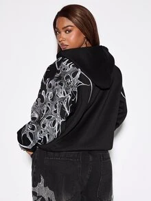 ROMWE Street Life Plus Size Women's Autumn/Winter Street Style Casual Printed Gothic Zip-Up Hooded Long Sleeve Sweatshirt - Black - View 2