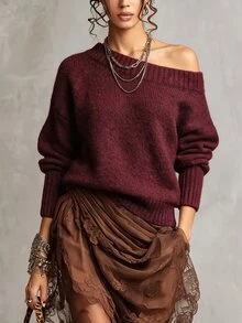 SHEIN 秋冬女款單肩針織鬆垮毛衣，寬袖寬鬆版型，柔軟舒適保暖針織衫 - 酒紅色 - 查看 7