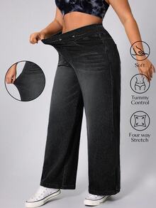 Flexra Plus Size Women's Wide Leg Casual Denim Jeans Soft Washed Stretch Pants - Dark Grey - View 7