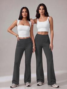 SHEIN Tall 女款素色修身百搭日常穿著喇叭褲 - 深灰色 - 查看 2
