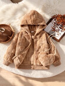 Elladie kids 女童春夏/秋冬毛絨連帽外套，格紋紋理抓絨拉鍊外套，搭配同款愛心造型斜挎包，可愛休閒外套，適合女童日常出遊、家庭旅行與拍照 - 卡其色 - 查看 11