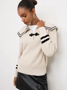 Maija Women's Striped Sailor Collar Button Design Long Sleeve Sweater - Apricot - View 5
