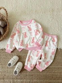 女嬰 2件組秋冬保暖內裡加厚可愛泰迪熊圖案絨毛家居服睡衣套裝，嬰兒冬季睡衣 - 淺粉色 - 查看 4