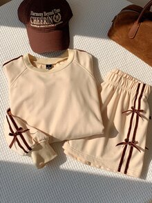 Comfortcana Women's Bowknot Decor Raglan Long Sleeve Sweatshirt And Shorts Casual 2 Pieces Set - Apricot - View 5