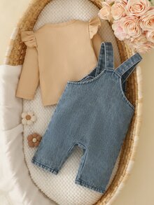 SHEIN 2pcs/Set Baby Girl Korean Style Fresh Floral Embroidered Denim Overalls Set, Flutter Sleeve Ribbed Long Sleeve T-Shirt, Exquisite Embroidery, Winter - Yellow - View 2