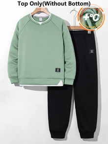 SHEIN 青少年男孩綠色與白色條紋套頭衫，秋季休閒校園返校圓領寬鬆對比色拼接長袖針織運動衫 - 薄荷綠 - 查看 1