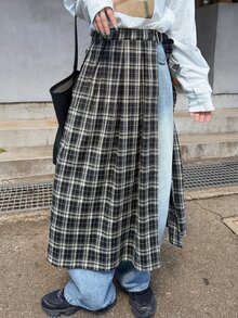 FRIFUL Women's Plaid Side Buckle Design Slit Skirt - Black - View 6