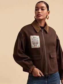 Travachic Women's Floral Pattern Zipper Casual Vintage Cottagecore Versatile Long Sleeve Jacket Travel Everyday Brown Floral Fall - Brown - View 3