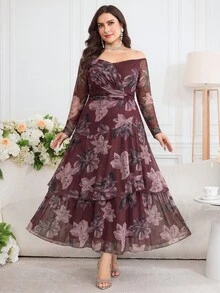 Modelyn Plus Size Women's Spring Summer Autumn Elegant Elegant Party Banquet Floral Print Off-Shoulder Cinched Waist Lightweight Dress - Multicolor - View 1